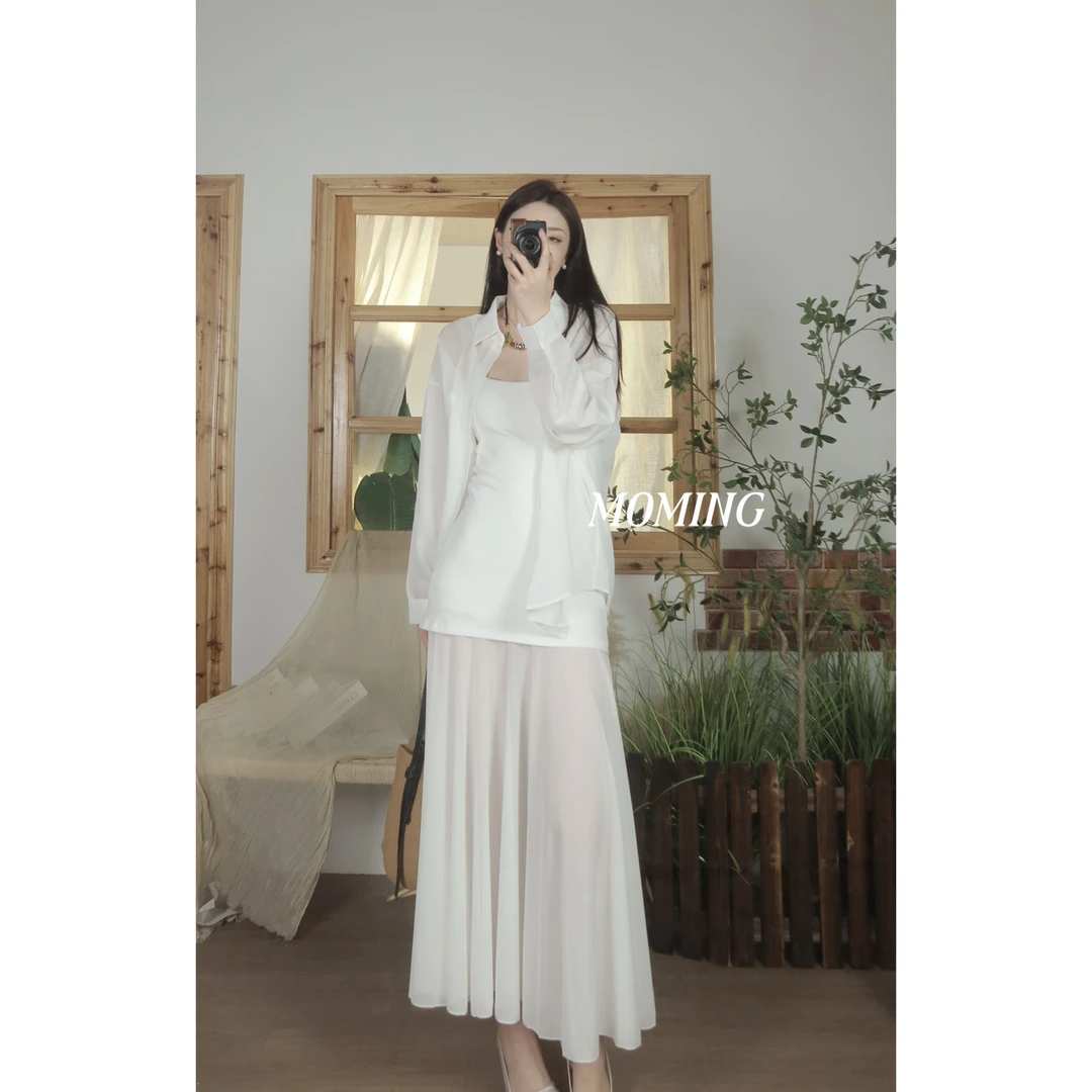 MOMING夏季新品 冰茶 法式纸片人温柔显瘦瘦腰拼接套装