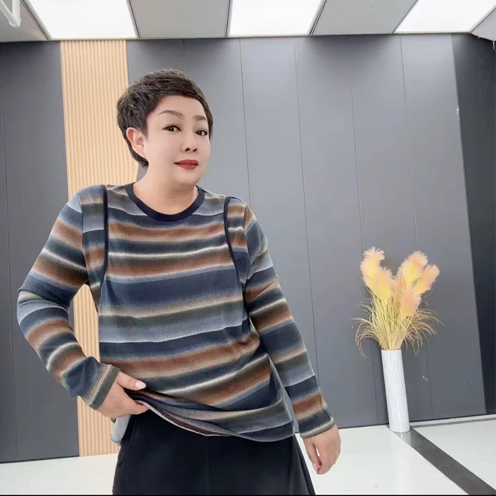 保暖网红针织时尚长袖圆领宽松型撞色条纹显瘦条纹秋冬女士-1782