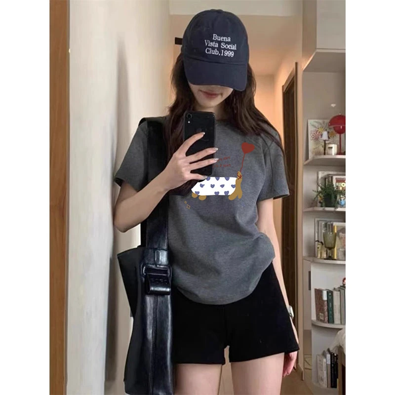 正肩圆领短袖t恤女装设计感小众时尚百搭深灰色上衣2025新款夏季