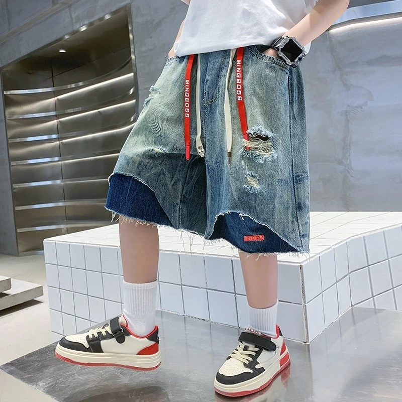 儿童装男童夏装破洞牛仔裤2025新款中大童洋气男孩夏季酷帅短裤潮