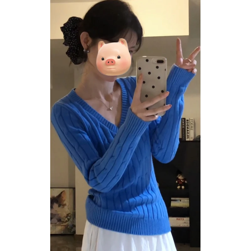 巨好看的轻熟早秋蓝色V领麻花毛衣女秋冬季慵懒风内搭针织衫上衣