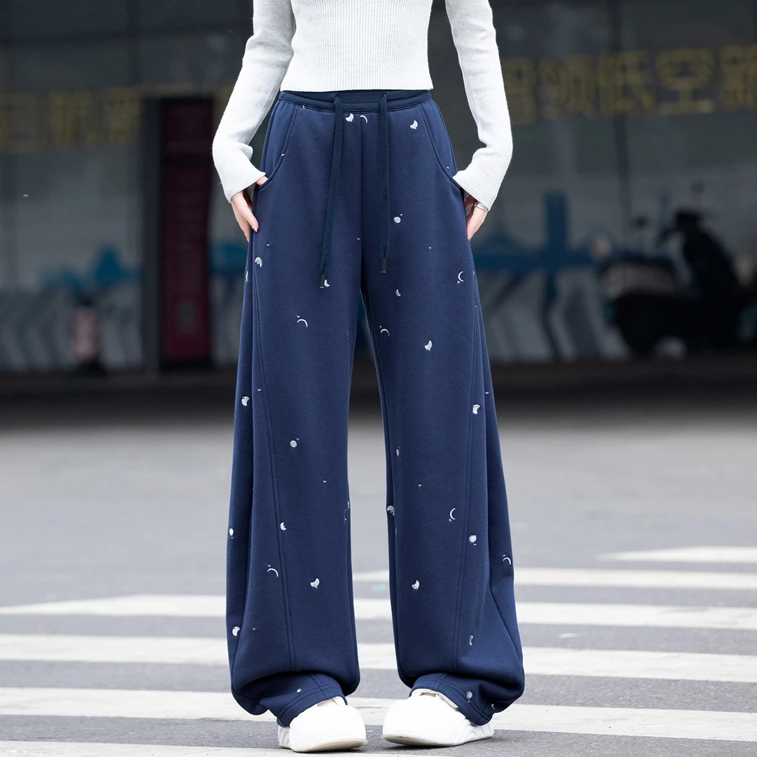 刺绣阔腿裤女款爆款2025新款秋冬加厚裤子休闲弯刀裤运动宽松卫裤