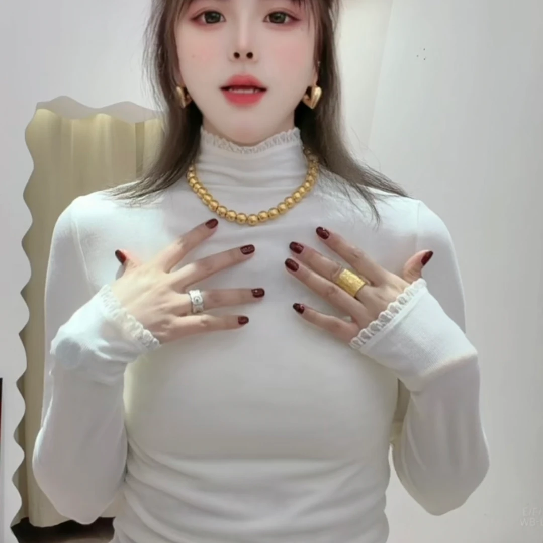 半高领蕾丝拼接长袖T恤女秋冬内搭修身显瘦百搭加厚打底上衣