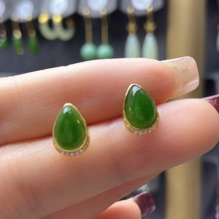 和田玉耳饰银S925镀金镶嵌