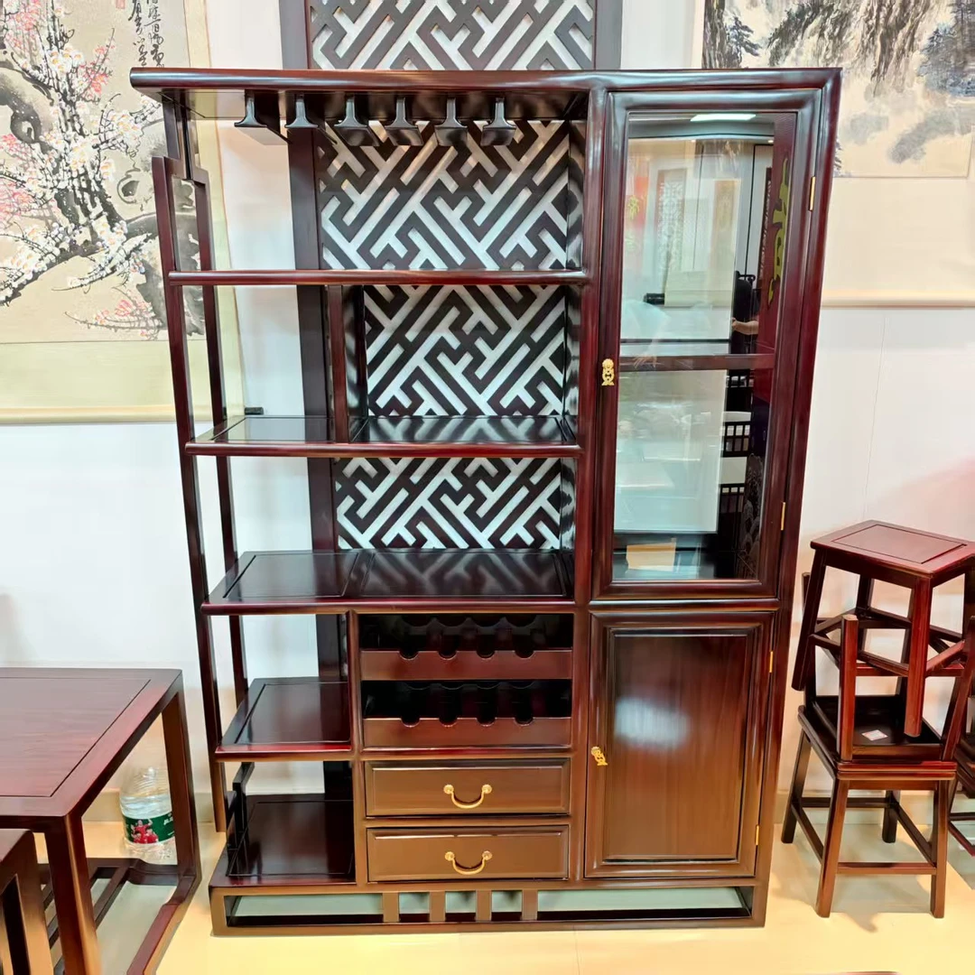 酸枝木 双开门玻璃酒柜尺寸：长138宽38高198