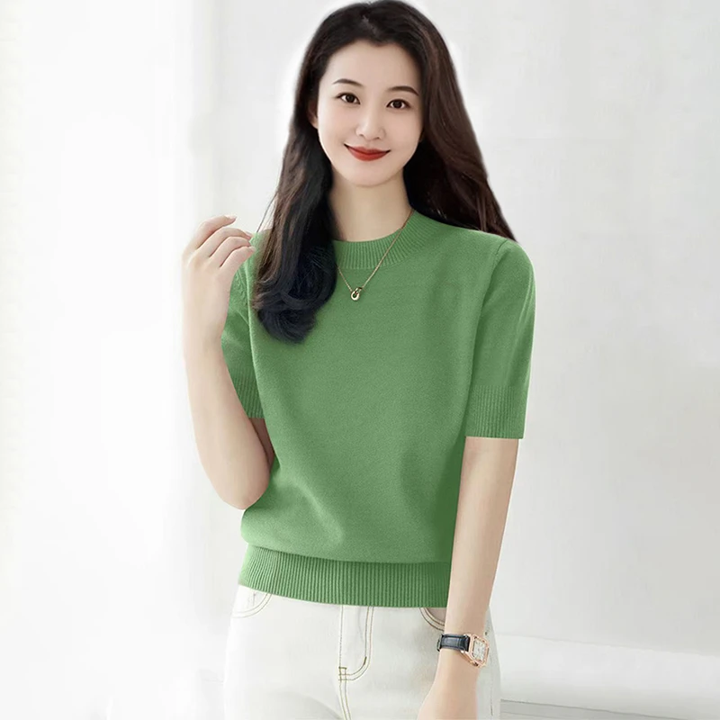 高级感新款气质圆领显瘦针织衫女夏季时尚五分袖宽松内搭打底上衣