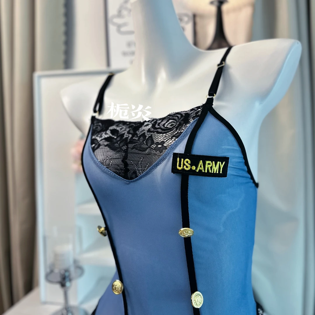 栀炎【80-135】连体蓝色蕾丝性感透气小制服吊带背心