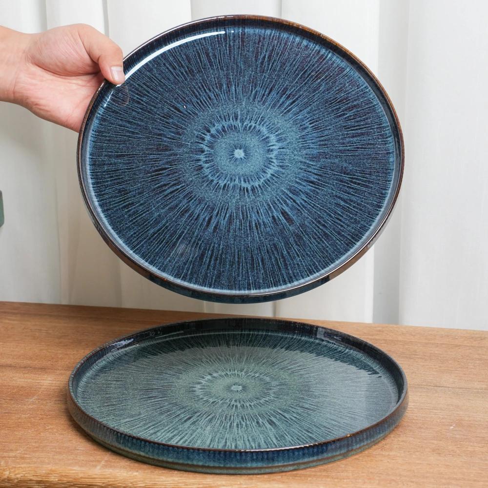 【瑕疵】大盘釉下彩陶瓷盘家用窑变紫蓝直边荷叶高级餐盘WM