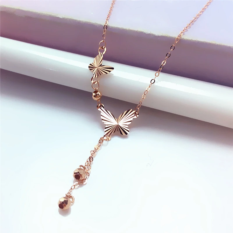 福福金楼585紫金蝴蝶流苏坠珠珠套链时尚显气质14K玫瑰金百搭项链