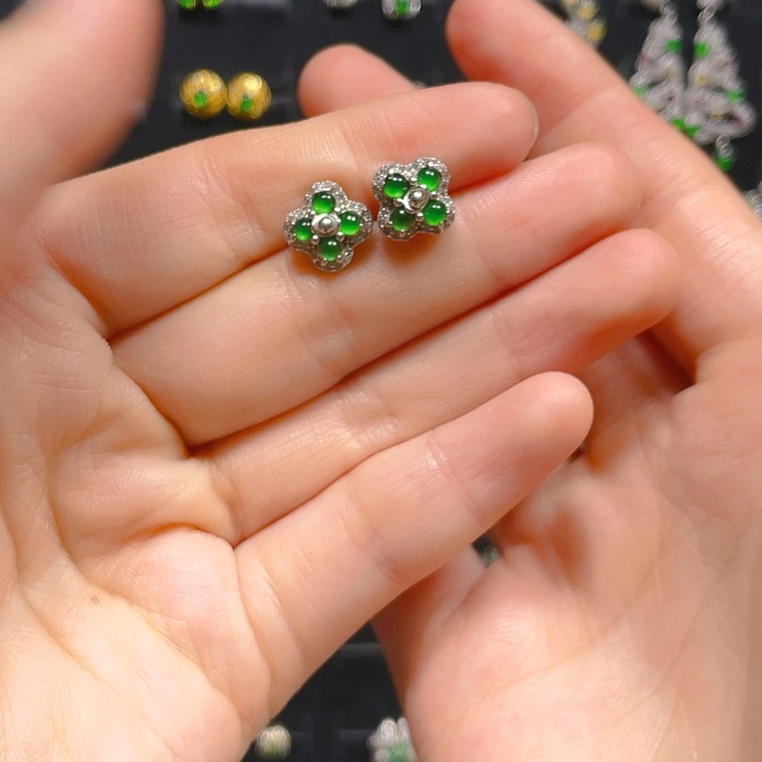 翡翠戒指银S925镶嵌耳钉