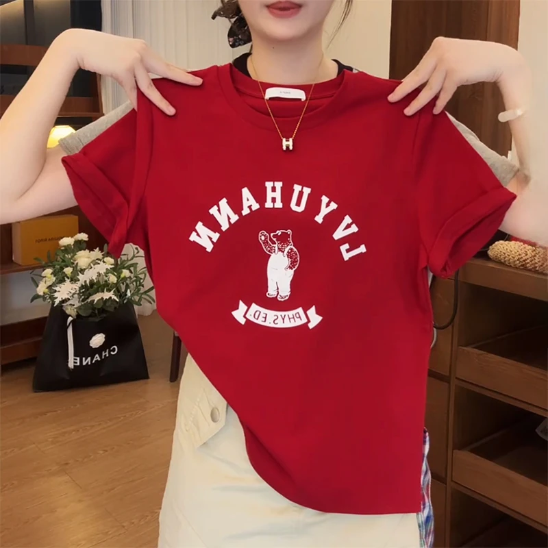 港风chic安可拉红T恤女2025新款夏季短袖卡通印花高级感圆领上衣