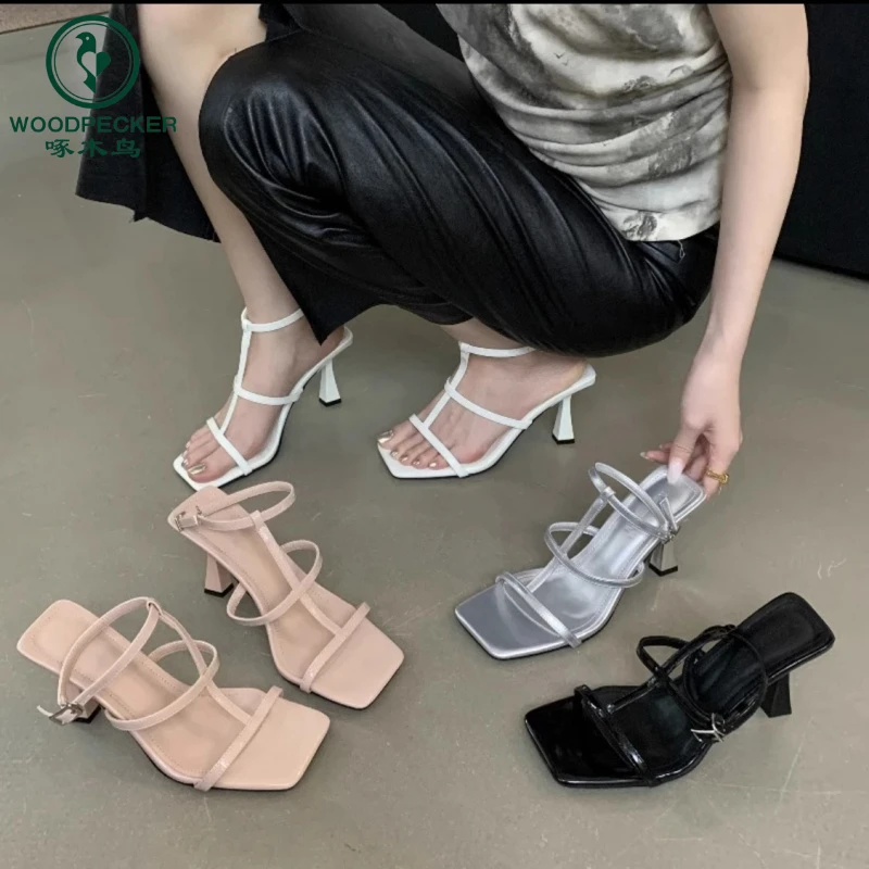 啄木鸟25年夏新款配裙裸粉色高跟一字扣带细跟凉鞋设计感高跟鞋