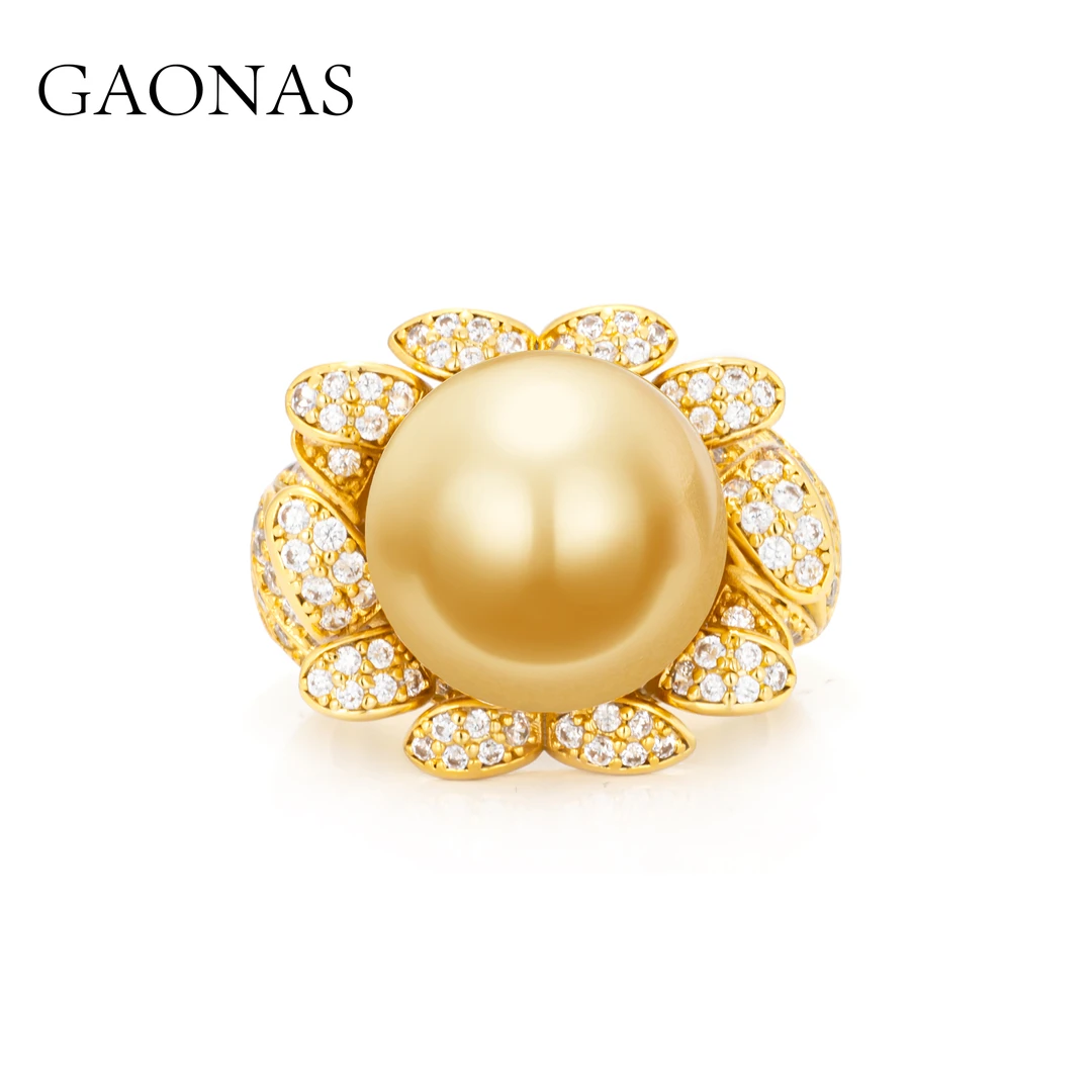 GAONAS 镀K金仿珍珠戒指 女士花朵设计14mm金色珠戒指11755JGO