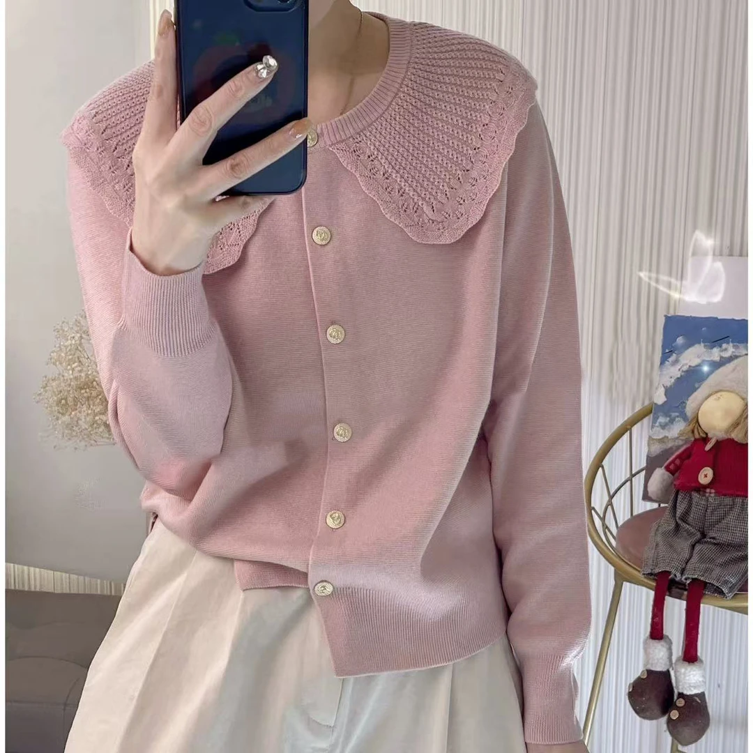 甜美打底纯色蕾丝秋冬甜美翻领衫百搭气质娃娃领单排扣 福利001