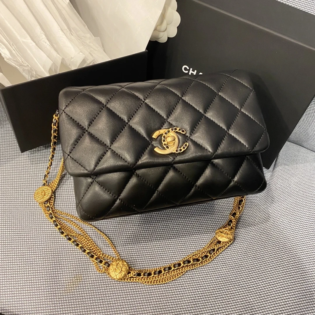 99新 Chanel/香奈儿 艾瑟尔奢品/22a黑金金币鸳鸯扣流苏链条/tx9c