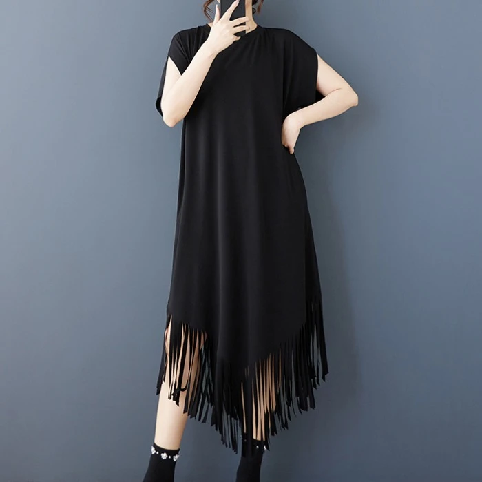 设计感个性时尚网红款宽松暗黑风不规则手工流苏简约中长款连衣裙