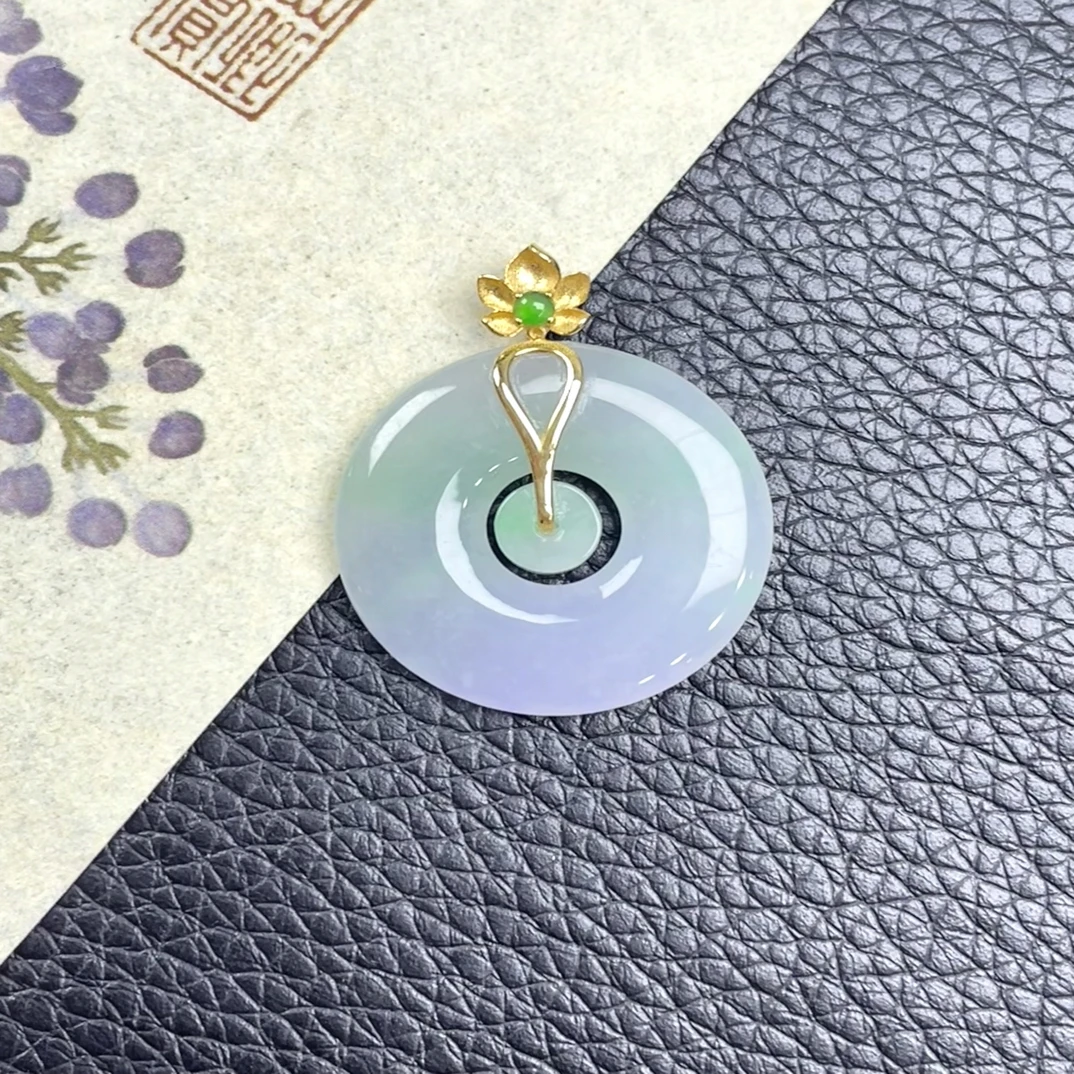 春带彩子母扣—翡翠18K金镶嵌吊坠(赠链)