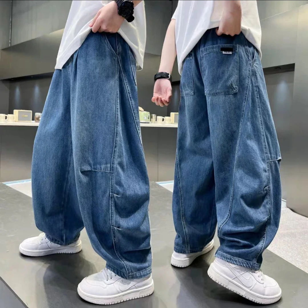 儿童洋气2025新款薄款潮夏季弯刀捏褶透气软牛仔裤(B81-5608)