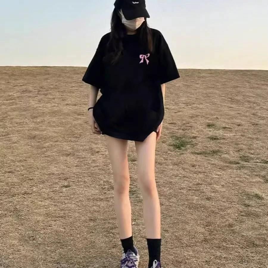 美式复古五分袖2025新款小个子宽松打底纯棉甜美蝴蝶结半袖上衣