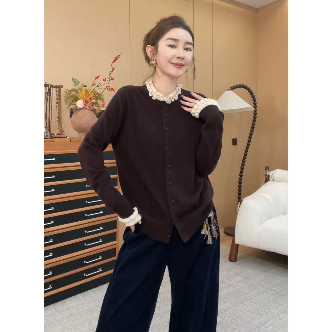 玖了个玖 2025早秋新款木耳边拼接圆领针织开衫上衣 2508C4814