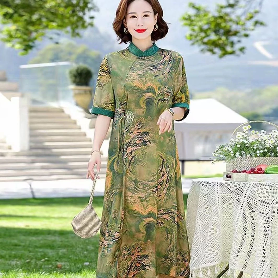 【撤柜断码甩】M1657女装百搭连衣裙气质时尚绿色中长款裙子