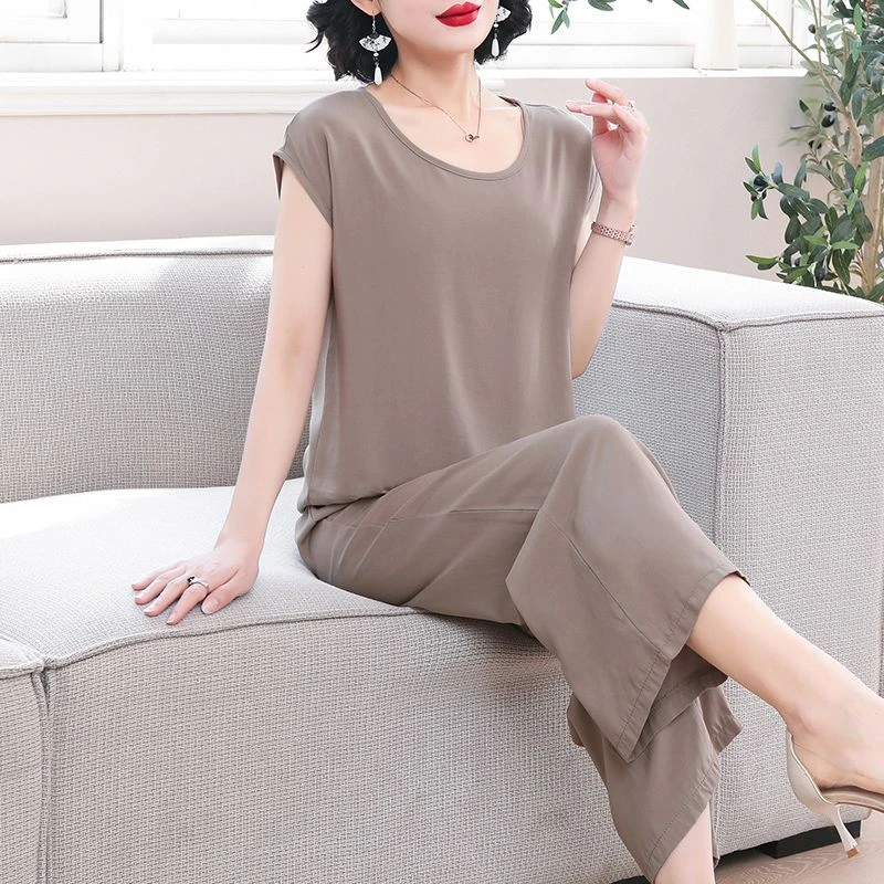 夏季纯色棉绸套装女时尚洋气宽松短袖九分裤两件套大码休闲妈妈装