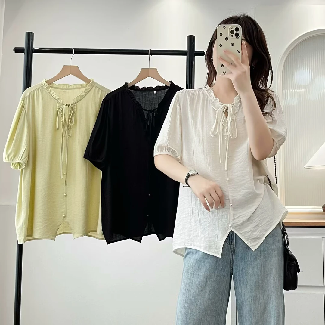 大码女装夏季新款时尚休闲宽松百搭薄款衬衫1045