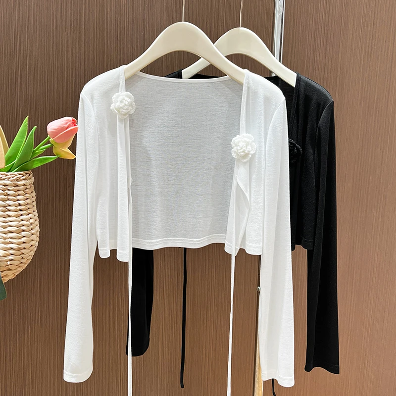 设计感立体花朵针织防晒开衫女夏季薄款短外套配吊带裙子外搭披肩