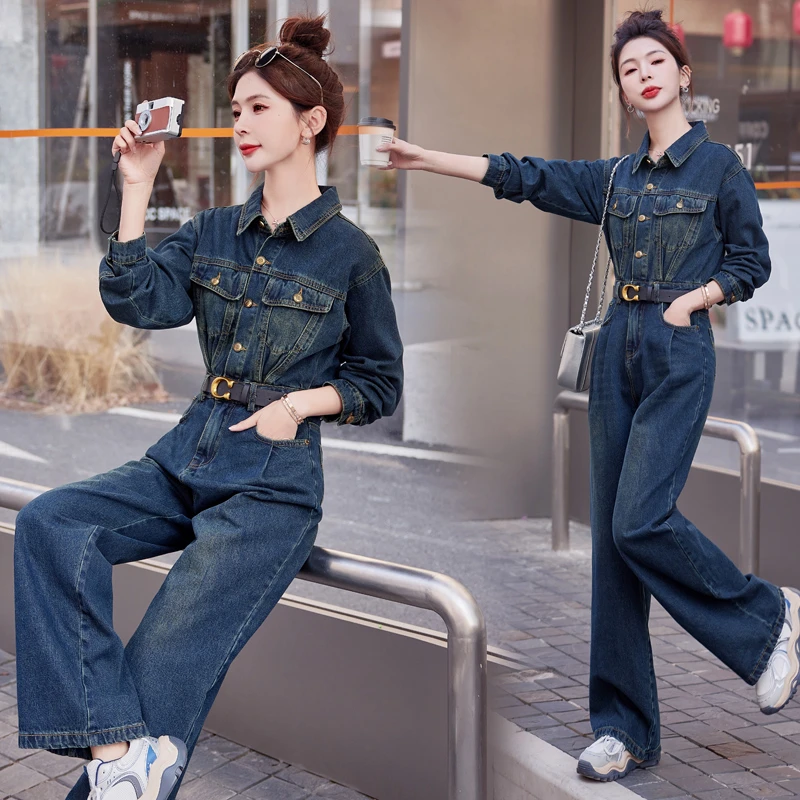 高级感时尚修身牛仔连体裤女2025年春秋季新款气质收腰工装连衣裤