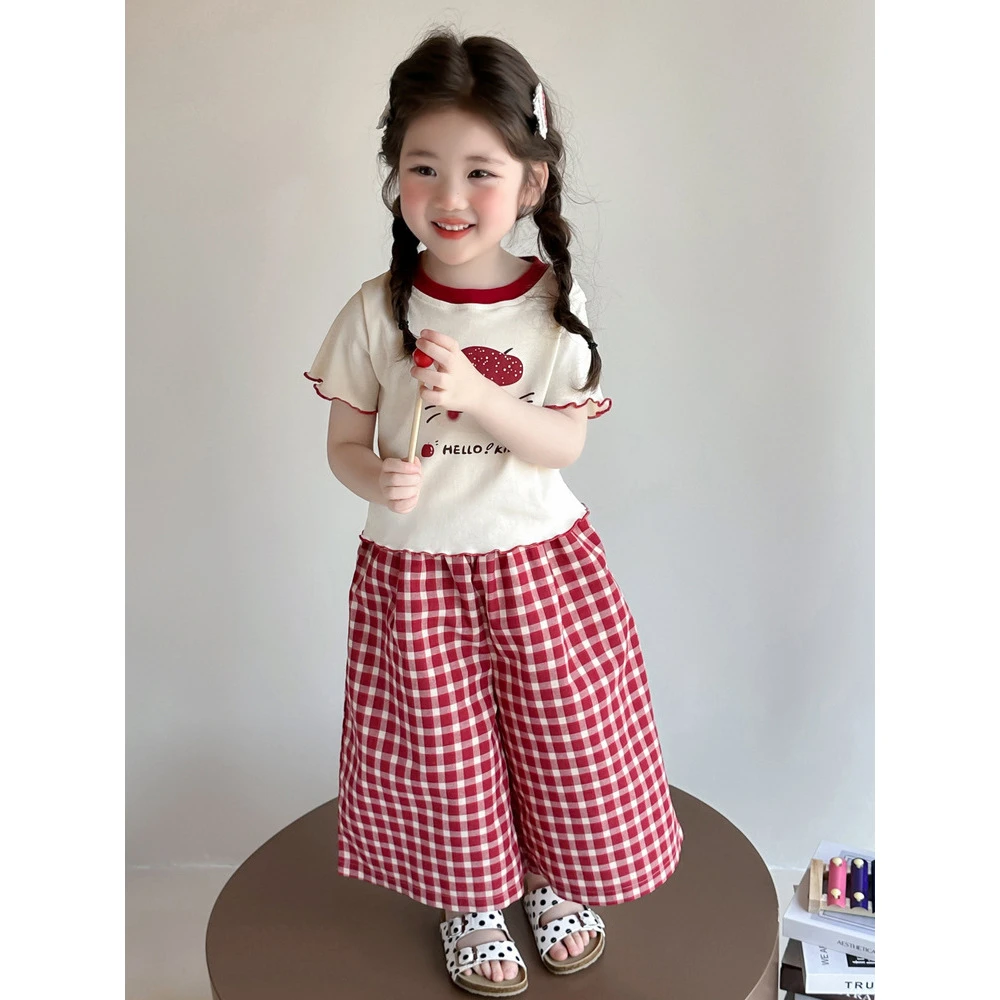 【场仔】女童夏季套装新款儿童卡通短袖T恤夏格子阔腿裤两件套0570