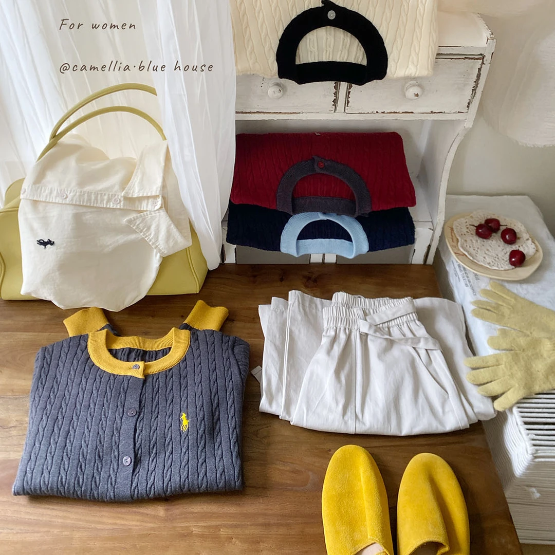 复古撞色圆领老钱枫刺绣麻花针织开衫女秋外搭穿休闲毛衣外套上衣