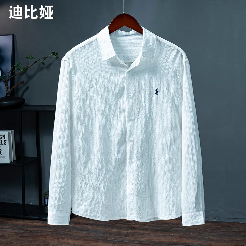 迪比娅秋季法式轻奢暗纹肌理感长袖衬衫男小马标刺绣条纹薄衬衣Y