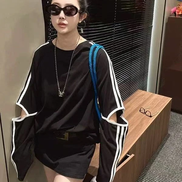 拼接圆领染色常规款长袖常规T恤潮流韩版拼色运动时尚T恤夏季宽松