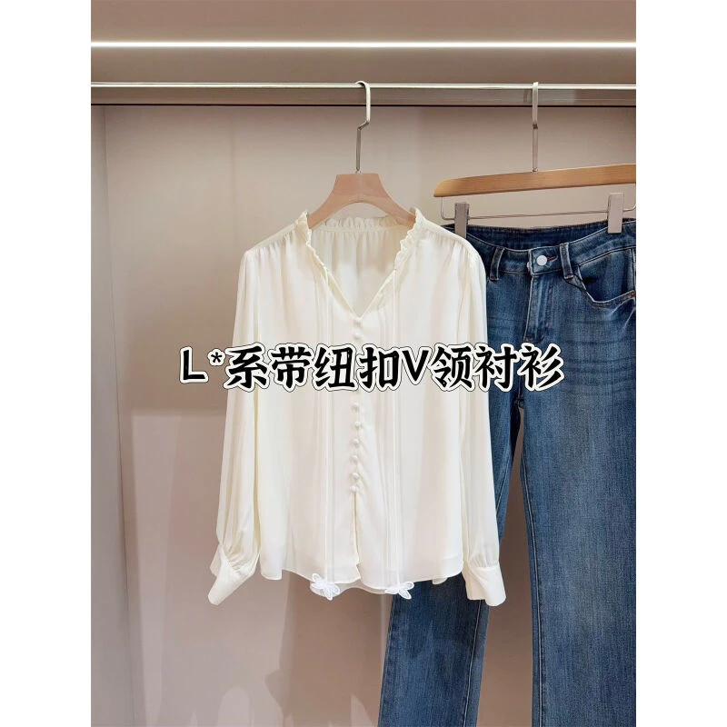 系带花朵设计V领垂感通勤双层衬衫