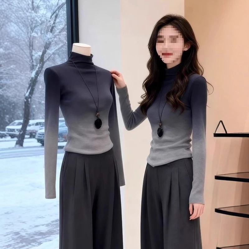 新款时尚洋气百搭女装晕染渐变色堆堆高领针织衫女2025秋冬新款内