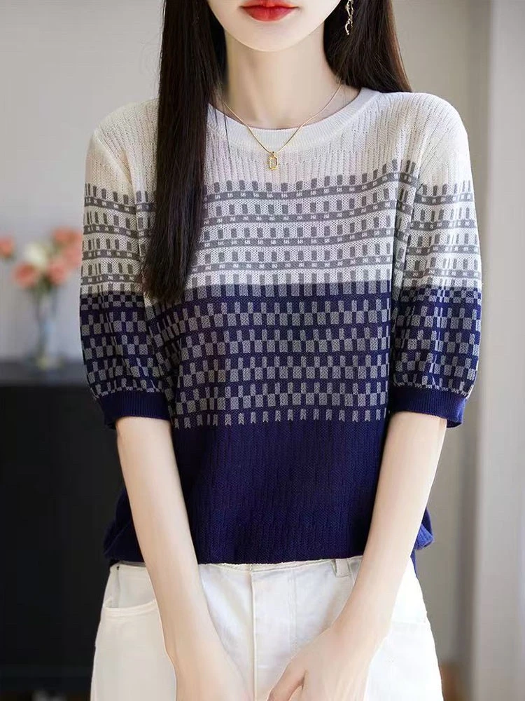 莱赛尔天丝~夏季女士薄款圆领条纹针织衫宽松显瘦气质百搭2115