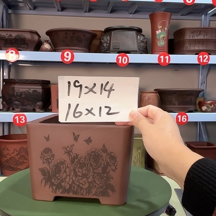 花盆紫砂刻绘牡丹