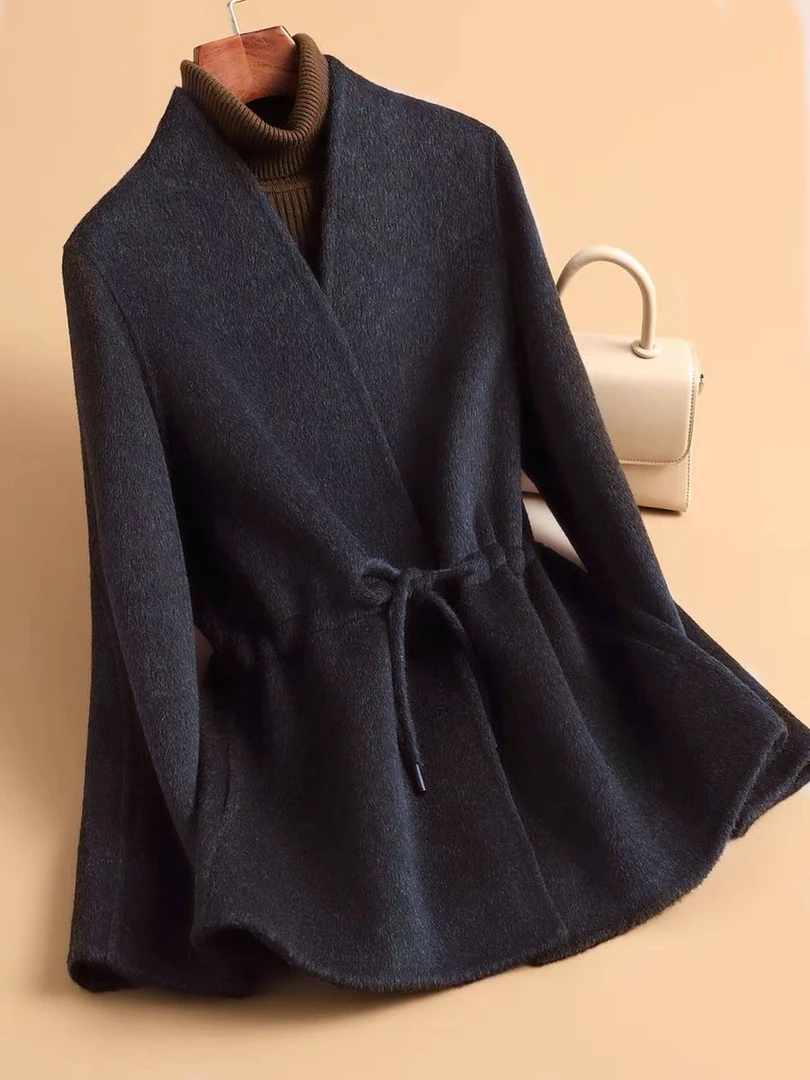 2025秋新款双面呢轻熟简约风双面绒长袖收腰系带显瘦毛呢大衣外套
