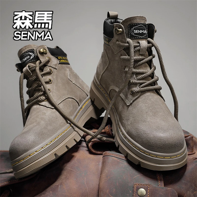 SENMA/森马工装马丁靴男款2025新款春季加绒高帮男士大黄靴英伦风