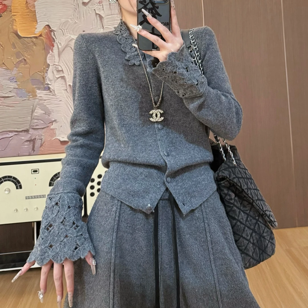 【LLU李】新款厚打底衫勾花毛衣外套百搭简约开衫显瘦 LLU-11181906