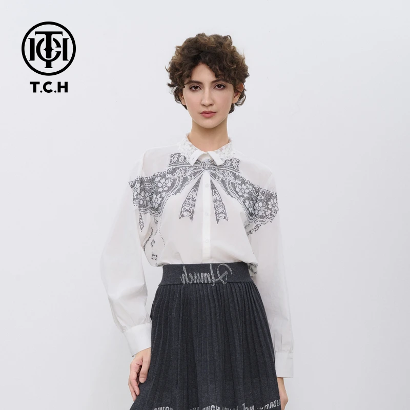 私服-TCH潮牌蝴蝶结烫钻长袖休闲百搭洋气衬衣衬衫T72C13E5004
