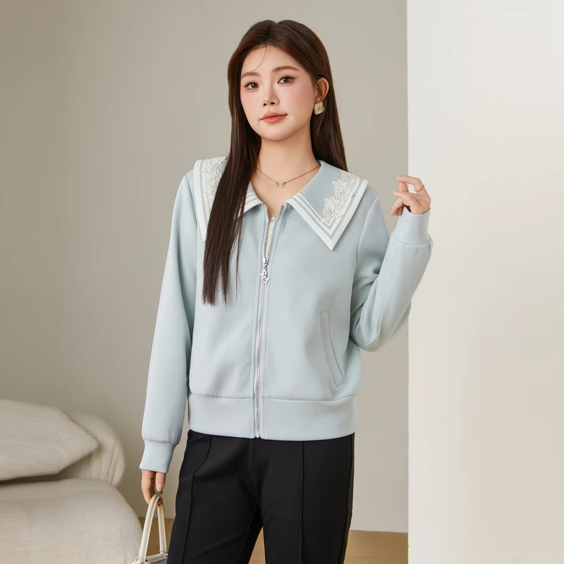 采多宝大码女装复古减龄花边领洋气外套 ECW2593