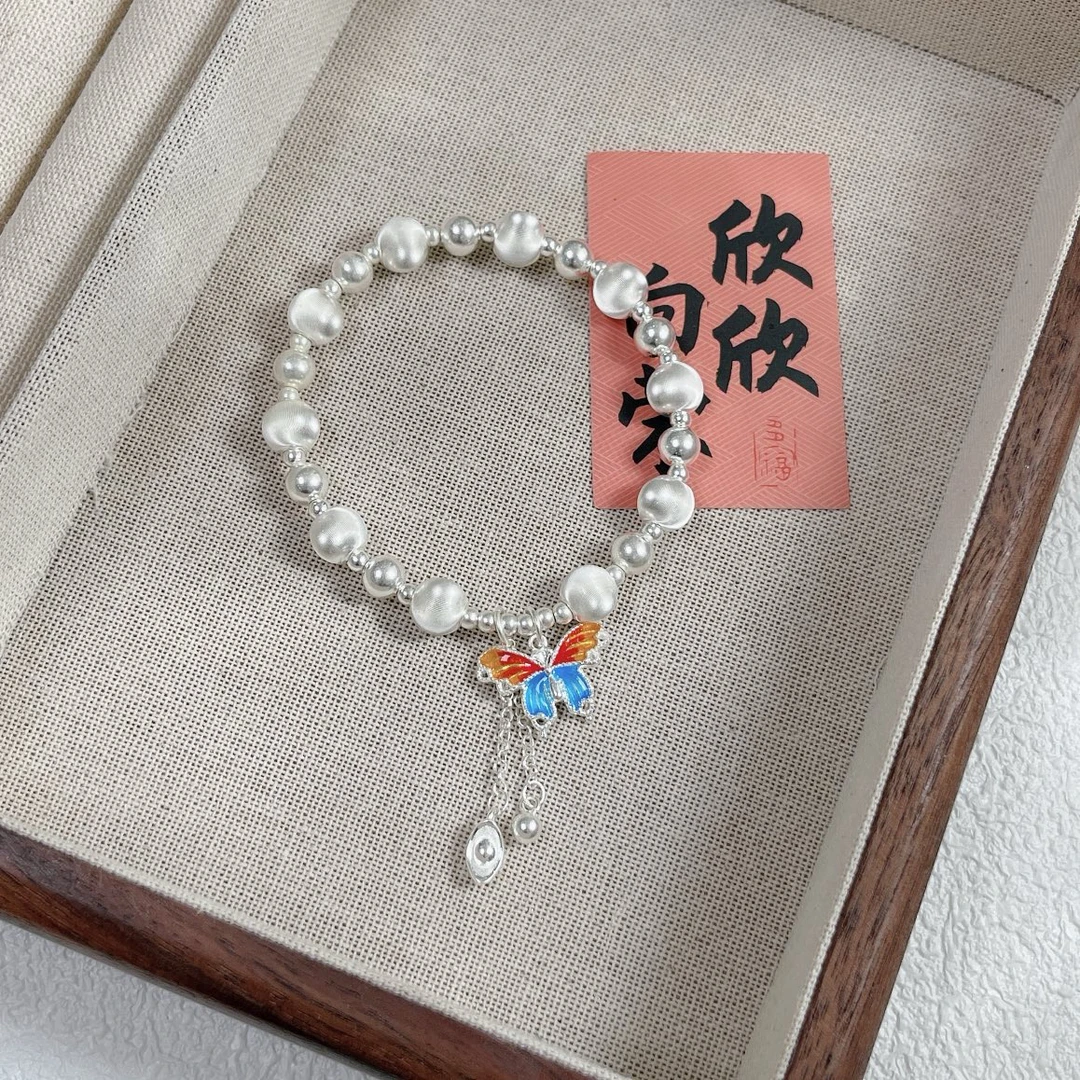足银手链 B07珐琅彩蝴蝶猫眼手串银9999手链时尚饰品手饰小众奢