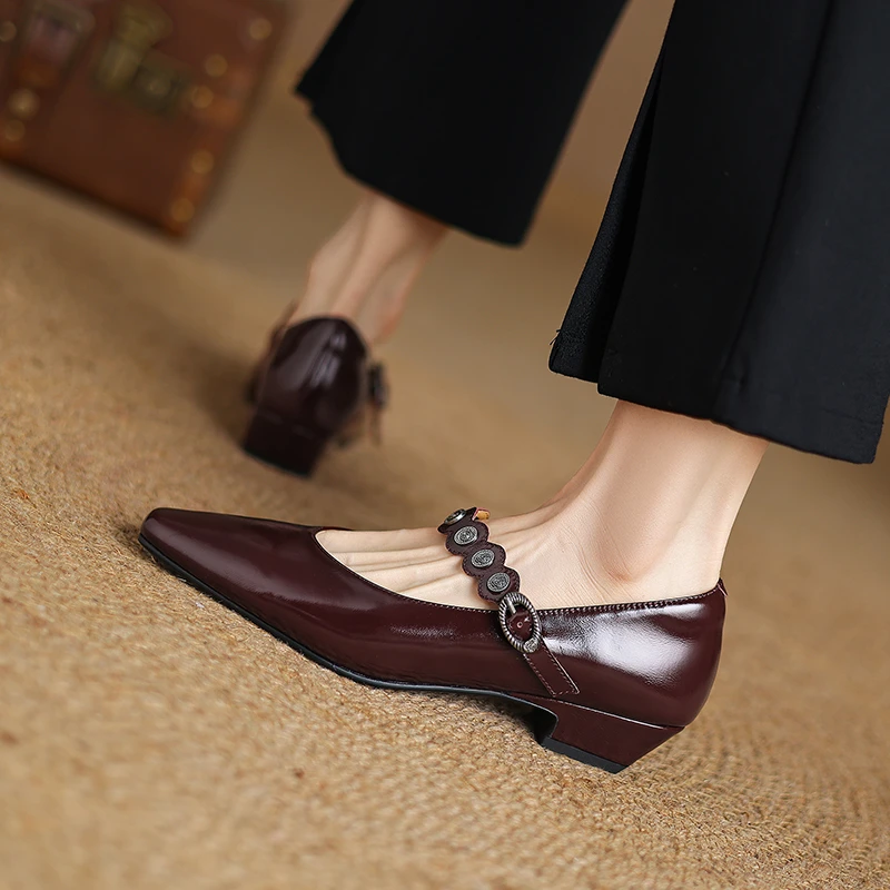 3CM粗跟玛丽珍鞋酒红色2025新款春秋季百搭真皮一字扣带单鞋低跟