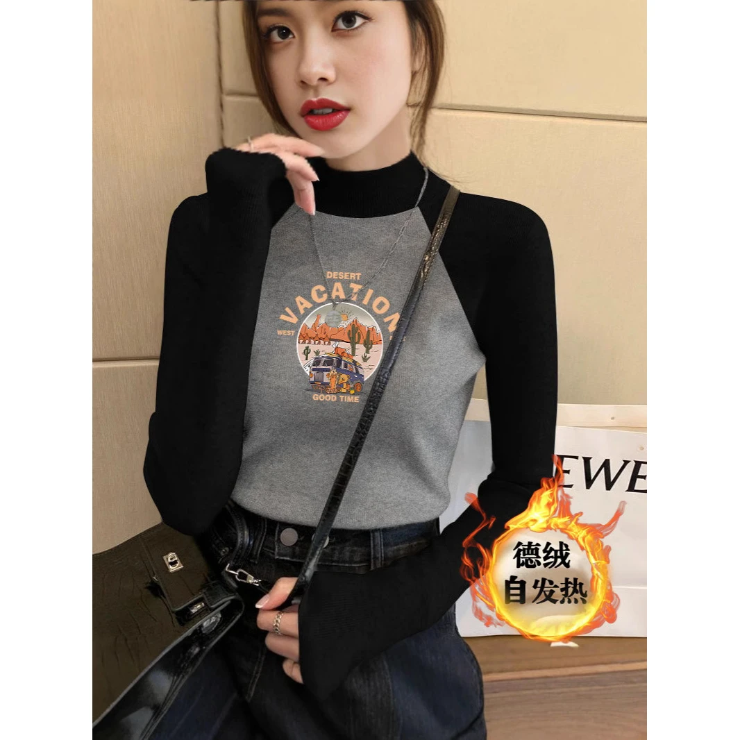 秋冬季韩版德绒圆领长袖t恤女内搭修身显瘦保暖插肩袖打底衫上衣