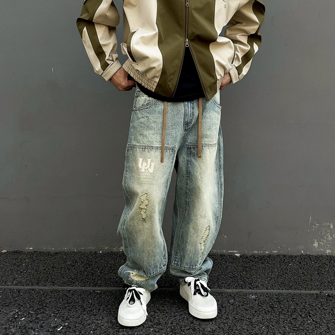 【UNAPS】秋冬复古重磅15盎司刺绣硬挺松紧腰休闲牛仔裤男女直筒裤