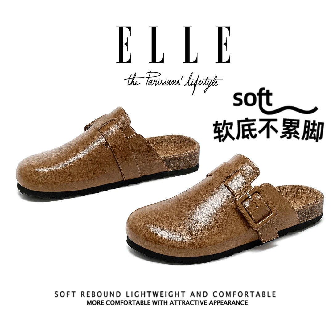 ELLE真皮勃肯半拖鞋女2025秋季新款懒人一脚蹬博肯包头拖鞋穆勒鞋