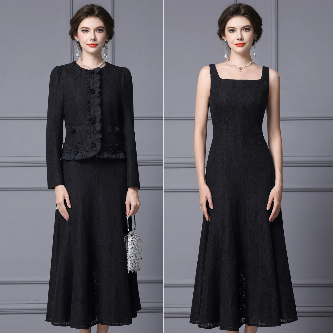 枝荔黑色连衣裙特别漂亮掐腰长裙子长袖外套两件套装2025秋冬新款