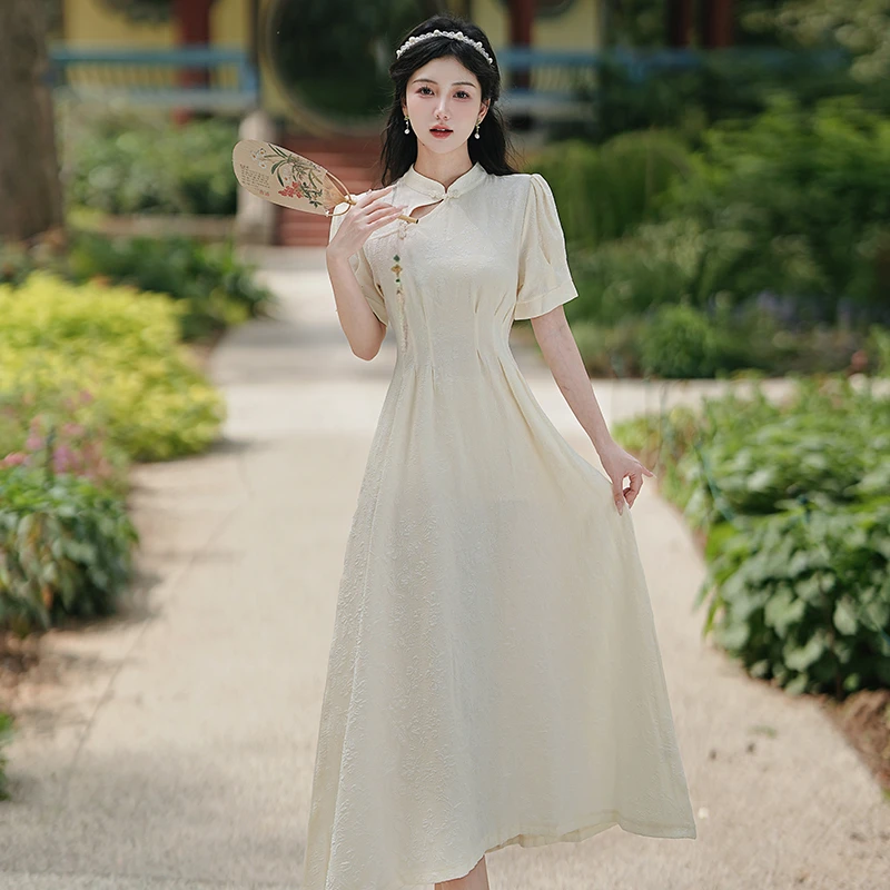 新中式改良旗袍日常少女文艺复古国风连衣裙收腰显瘦温柔长裙6586