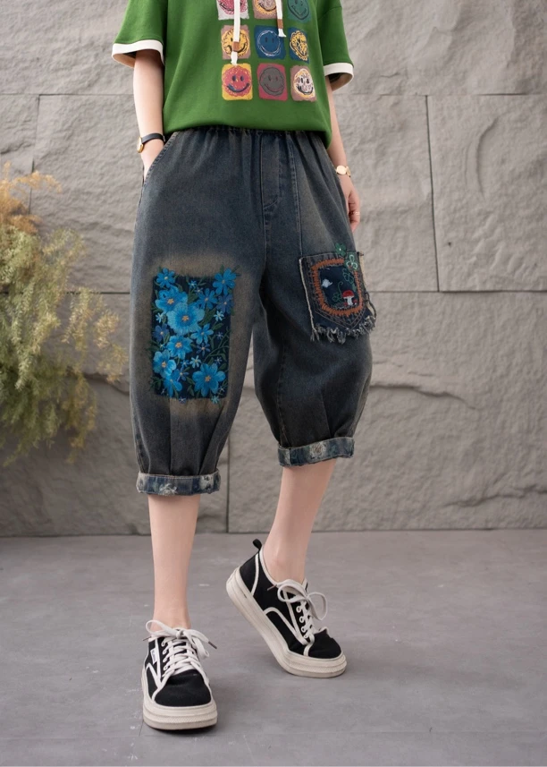 2025夏季新款水洗哈伦裤六分裤刺绣牛仔裤薄款拼接大码中裤垮裤